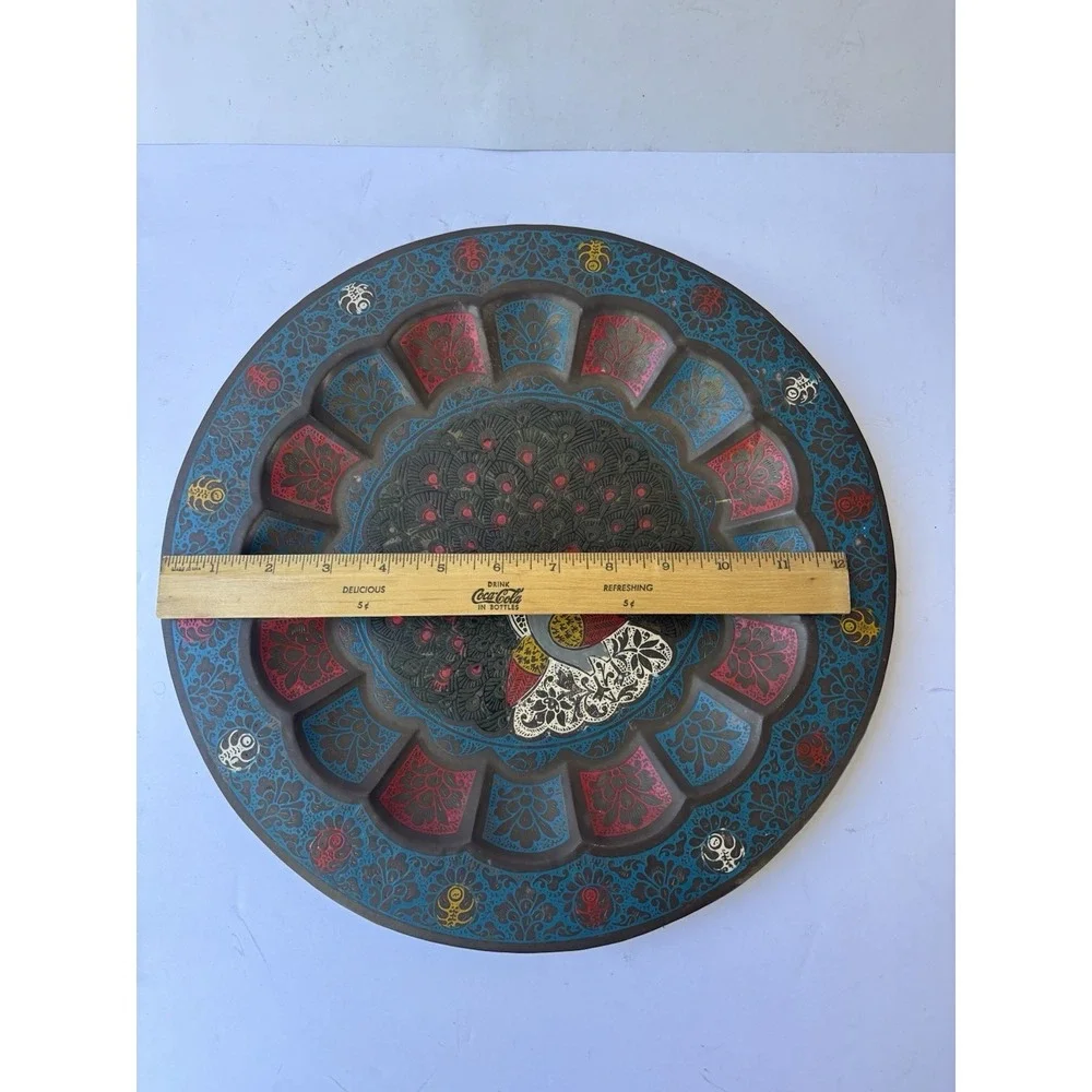 Vintage Old Brass Peacock Design Inlay Work Carved Serving Tray Plat Rich 13